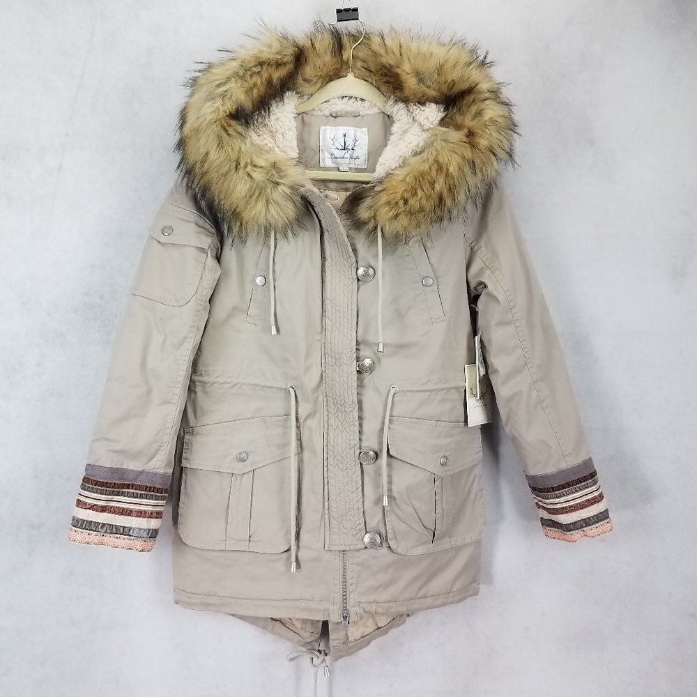 NWT Boundless North Woodland Anorak Jacket Hooded Winter Coat Tan Boho Quilted S
